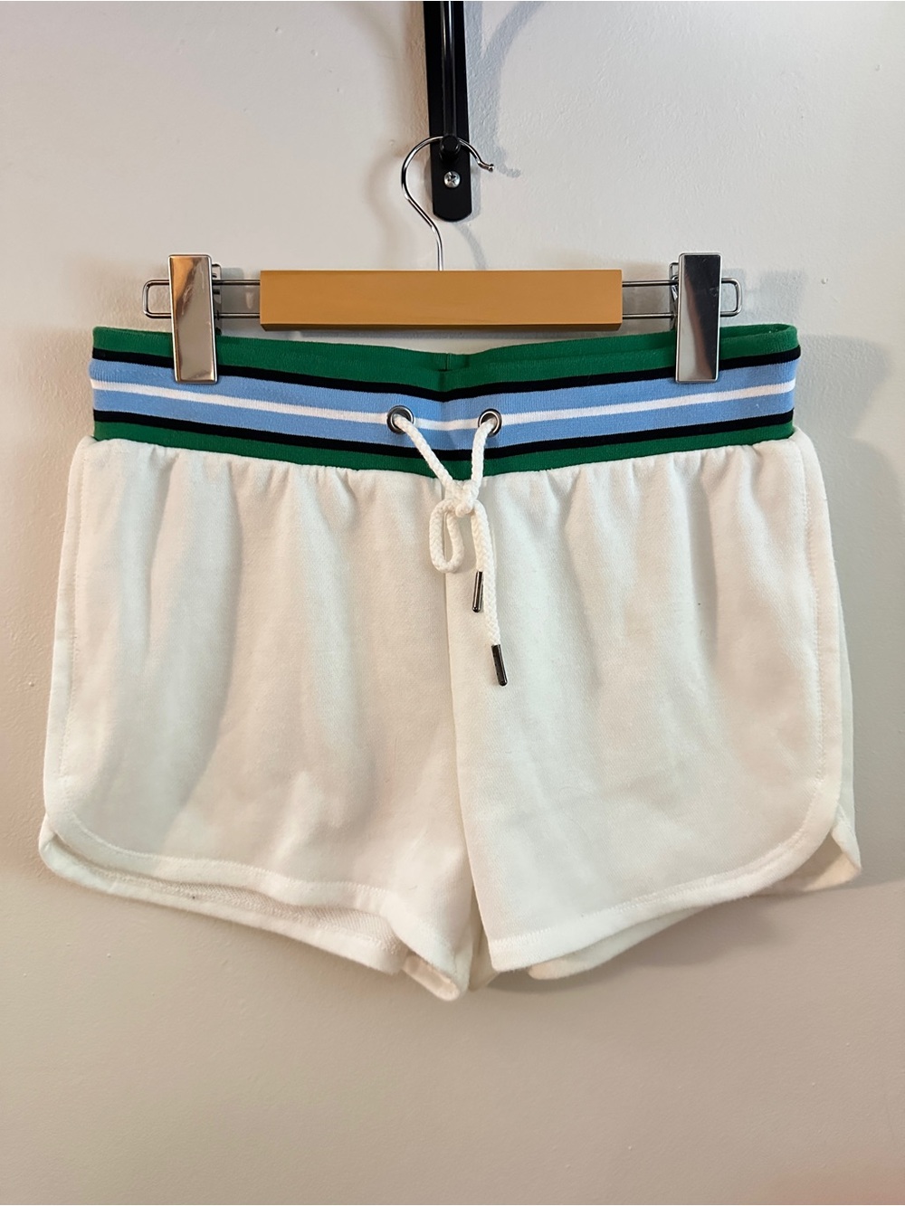 BB Dakota White Terry Shorts with Green and Blue Striped Waistband